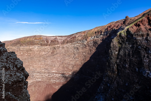 Panoramic view on the edge of the active volcano crater of Mount Vesuvius  Province of Naples  Campania region  Southern Italy  Europe  EU. Volcanic landscape full of stones  ashes and solidified lava