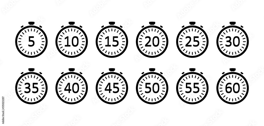 Chronometer icons set. Round clock. Ui design. Vector illustration. stock image. 