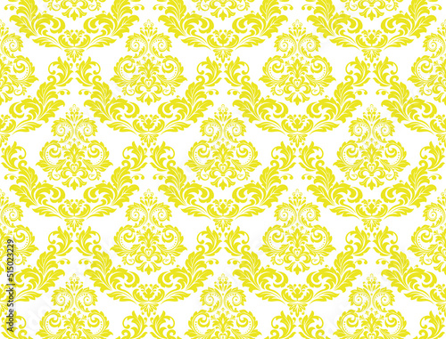 Wallpaper in the style of Baroque. Seamless vector background. White and yellow floral ornament. Graphic pattern for fabric, wallpaper, packaging. Ornate Damask flower ornament