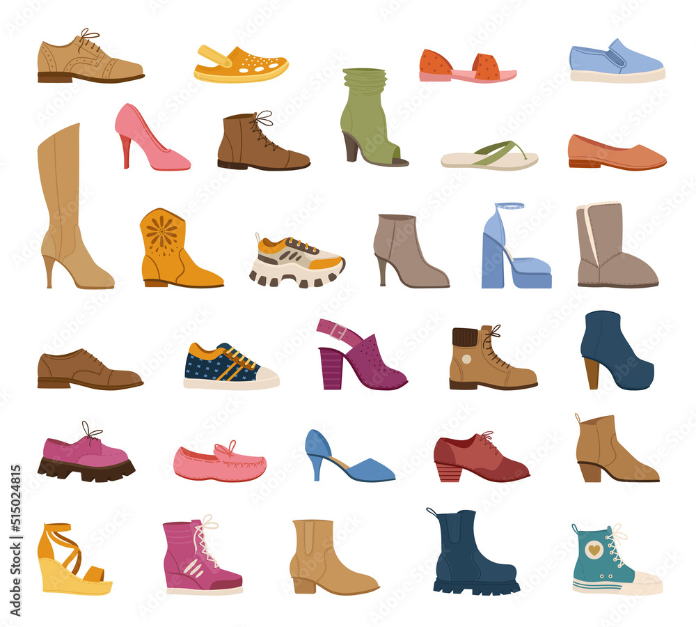 Cartoon stylish male and female footwear, casual shoes and boots. Trendy sneakers, clogs, women's heels and sandals vector symbols illustrations set. Footwear collection Cartoon stylish male and female footwear, casual shoes and boots. Trendy sneakers, clogs, women's heels and sandals vector symbols illustrations set. Footwear collection