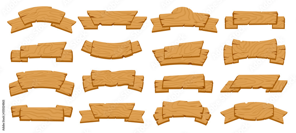 Cartoon wooden ribbons, rustic blank sign boards and ribbon planks. Rustic wooden ribbon planks, vintage curved banners vector illustrations set. Wooden ribbons signs Cartoon wooden ribbons, rustic blank sign boards and ribbon planks. Rustic wooden ribbon planks, vintage curved banners vector illustrations set. Wooden ribbons signs