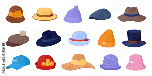 Cartoon male and female hats, vintage headwear, hats, panama and caps. Fashion headwear accessories, modern and classic had wearing elements vector Illustrations set. Headdress collection