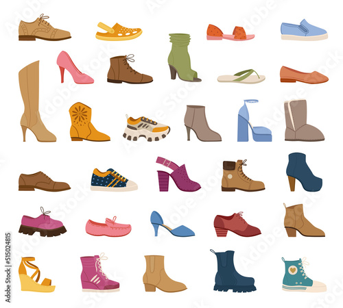 Cartoon stylish male and female footwear, casual shoes and boots. Trendy sneakers, clogs, women's heels and sandals vector symbols illustrations set. Footwear collection