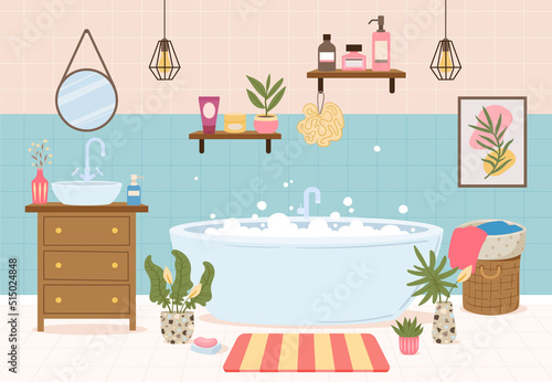 Cartoon modern bathroom interior with furniture, bath tub and potted plants. Washroom cozy interior, foamy bathtub, wash basin and towels vector illustration. Minimalist bathroom interior