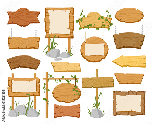 Cartoon sign boards, wooden signs, rustic banners and borders. Wooden rustic signboards with leaves and blank posters vector symbols set. Vintage pathfinding banners © GreenSkyStudio