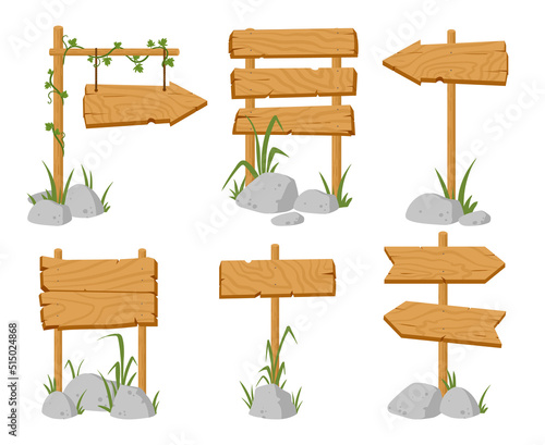 Cartoon wooden arrow rustic signboards, vintage pathfinding signs. Blank wooden arrow direction pointers, wood pathfinding plank vector illustrations set. Old rustic signboard collection