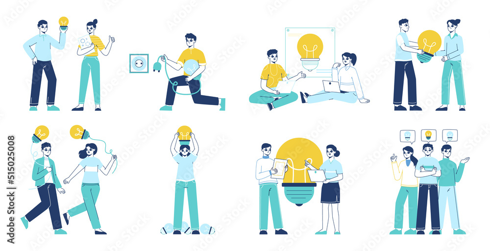 People searching good ideas, creative business solutions concept. Light bulbs brilliant ideas metaphor vector symbols illustration set. Great idea generating People searching good ideas, creative business solutions concept. Light bulbs brilliant ideas metaphor vector symbols illustration set. Great idea generating