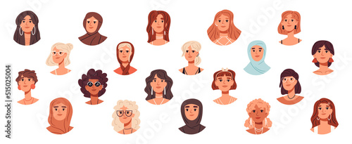 Trendy stunning women avatars, beautiful girls portraits. Fashionable young women faces, cute female characters flat vector illustrations set. Female avatars bundle