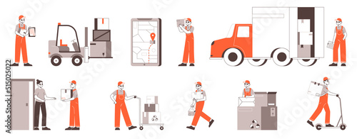 Logistics workers team and delivery service outline elements. Delivery service truck, parcels, couriers and package tracking mobile app vector illustrations set. Goods delivery collection