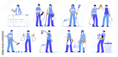 Collecting trash, people sorting waste and clean up garbage. Characters cleaning and taking care of environment vector symbols illustrations set. Volunteers collecting trash
