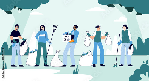 Flat characters cleaning garbage in park and collecting trash outdoor. People cleaning and taking care of environment flat vector symbols illustrations set. Waste collectors collection