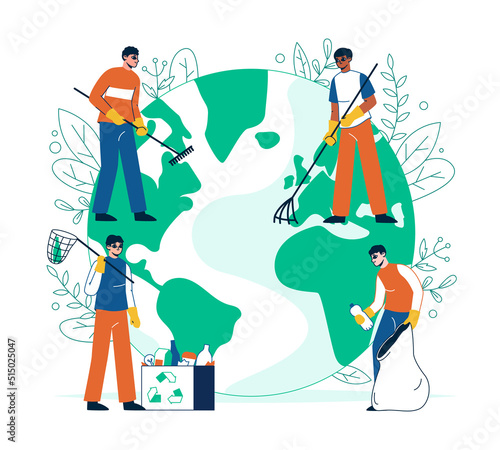 People taking care of environment, planet ecology concept. Earth environment protection, characters collecting trash flat vector illustration. Nature protection scene