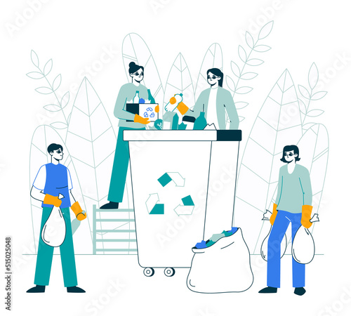People plastic waste sorting, plastic recycling flat concept. Characters collecting trash into trash can outline flat vector illustration. Garbage sorting