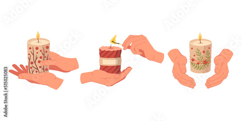 Cartoon hand holding candles, scented wax candles. Cozy candles in hands, holidays aromatherapy flat vector illustration set. Human hands holding candles