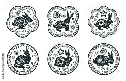 Chinese New Year horoscope rabbits stamps, bunny round silhouettes. Traditional asian ornamental paper cut rabbits, cute bunny stamps vector symbols illustrations set. Oriental zodiac bunny