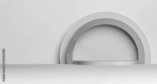 Gray white pedestal concept.Abstract podium on pedestal white empty room concept with semicircular lighting.3D render © Binkontan