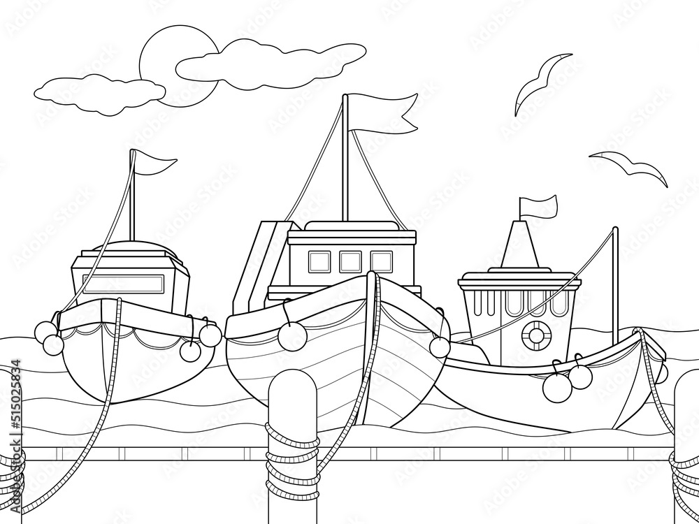 Three ships at the pier. Boat dock. Children coloring book.