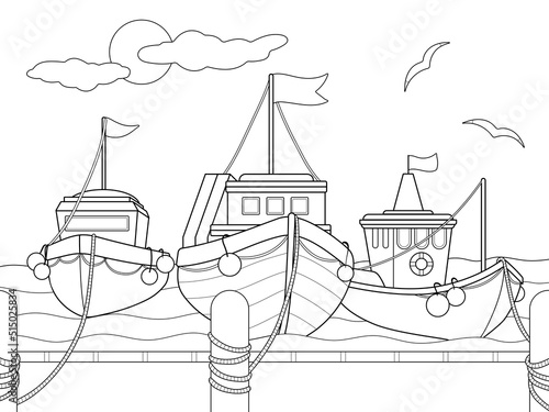 Three ships at the pier. Boat dock. Children coloring book.