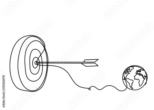 Abstract arrow on target circle with  globe as continuous lines drawing on white background. Vector