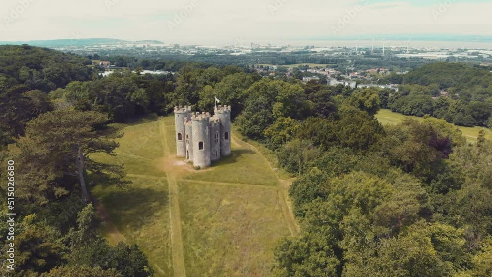 Aerial of castle in the woods - Blaise Castle estate, Bristol, UK Aerial of castle in the woods - Blaise Castle estate, Bristol, UK