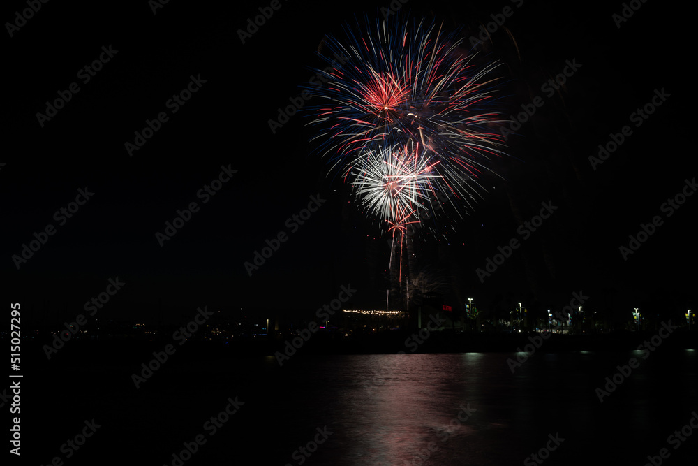 Fireworks shoot over Alamitos Bay in Long Beach to celebrate July 4th holiday. Fireworks shoot over Alamitos Bay in Long Beach to celebrate July 4th holiday.
