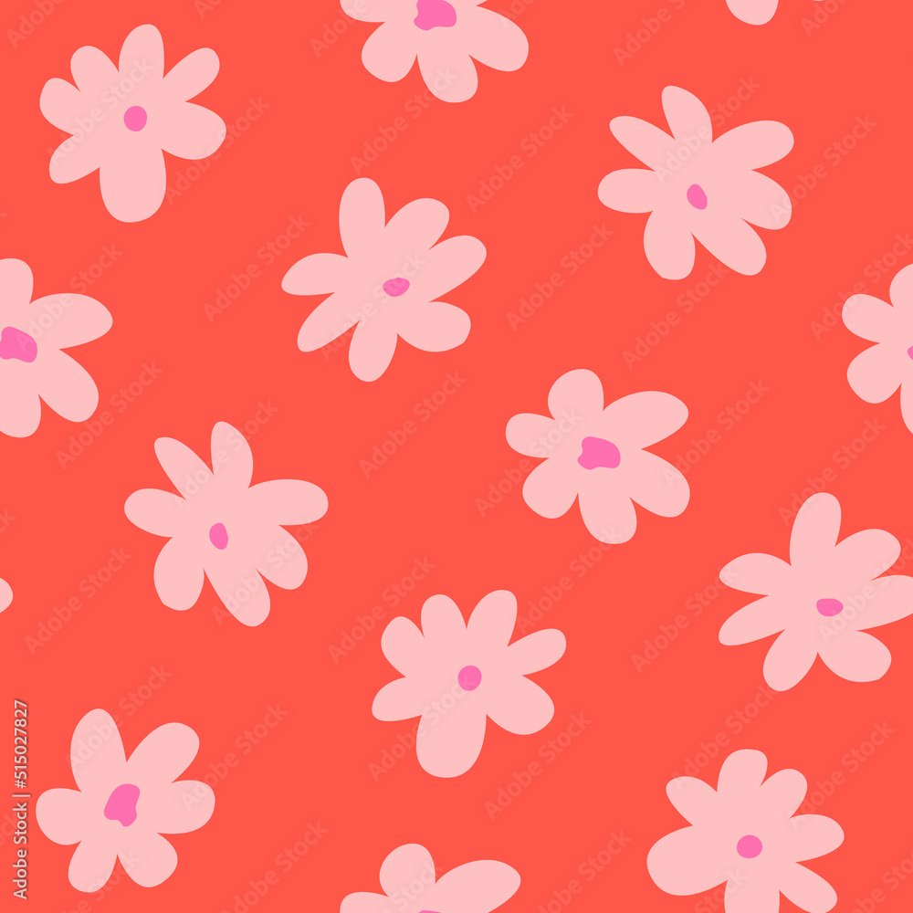 Seamless vector pattern with abstract pink flowers on red background. Hippie, groovy, retro style Blossom background for textile, fashion, scrapbooking etc. Seamless vector pattern with abstract pink flowers on red background. Hippie, groovy, retro style Blossom background for textile, fashion, scrapbooking etc.