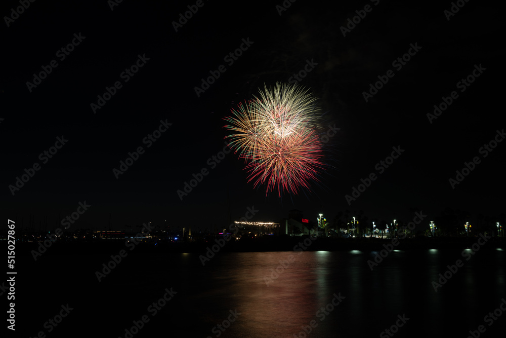 Fireworks shoot over Alamitos Bay in Long Beach to celebrate July 4th holiday. Fireworks shoot over Alamitos Bay in Long Beach to celebrate July 4th holiday.