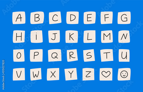Cute alphabet of letters on isolated background. Set of square cubes with letters. Vector illustration in kidcore style. Plastic beads with letters. Computer keyboard buttons concept