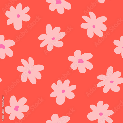 Seamless vector pattern with abstract pink flowers on red background. Hippie  groovy  retro style Blossom background for textile  fashion  scrapbooking etc.