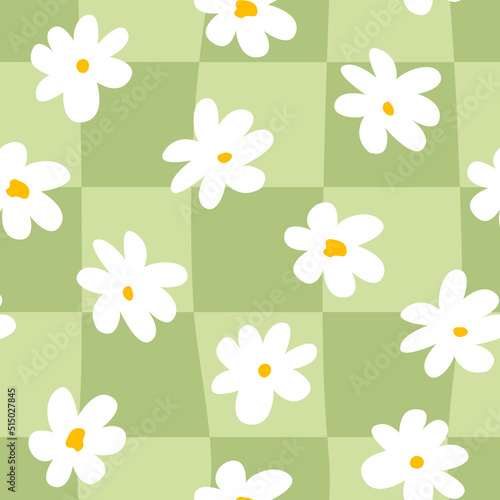 Cute hippie and groovy seamless pattern with white daisy flowers and green distorted cage. Fashionable background in 00s, 90s, y2k style. 