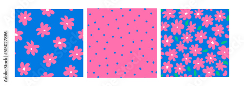 Set of colorful floral seamless patterns with small daisy flowers and dots. Vector background in blue and pink colors