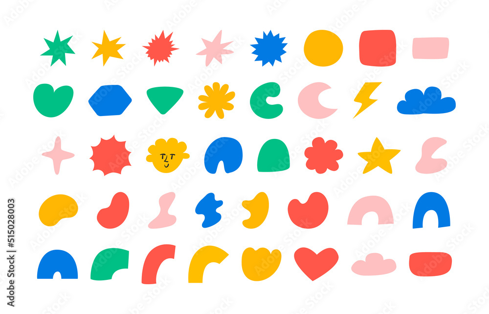 Set of cute abstract elements in kidcore style. 00s, 90s concept. Funny hippie and childish abstract shapes and objects. Naive art. Flat vector illustration on isolated background