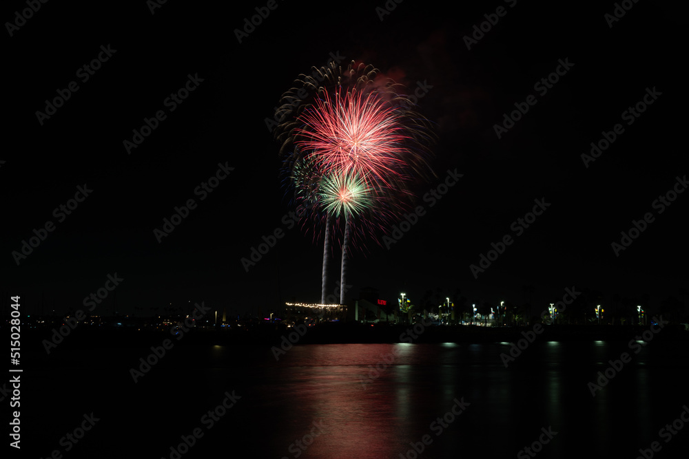 Fireworks shoot over Alamitos Bay in Long Beach to celebrate July 4th holiday. Fireworks shoot over Alamitos Bay in Long Beach to celebrate July 4th holiday.