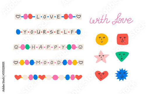 Set of cute elements in kidcore style. 00s, 90s, y2k concept. Beads bracelets with words, lettering and cute abstract shapes with different emotions. Flat vector illustration on isolated background