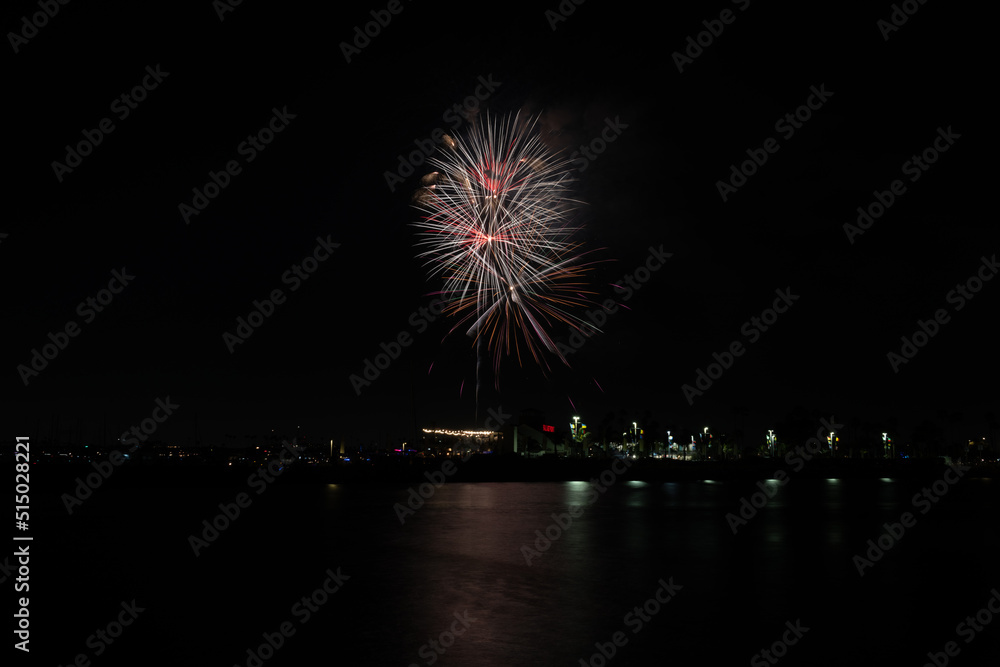 Fireworks shoot over Alamitos Bay in Long Beach to celebrate July 4th holiday. Fireworks shoot over Alamitos Bay in Long Beach to celebrate July 4th holiday.