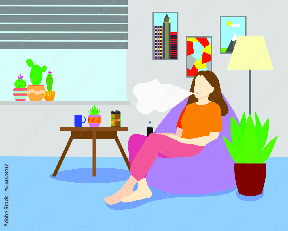 Fototapeta premium The girl is vaping while sitting at home in a bag chair. Vector illustration. The girl is sitting in her room. Electronic cigarette