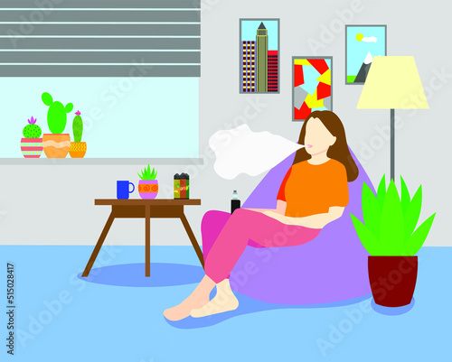 The girl is vaping while sitting at home in a bag chair. Vector illustration. The girl is sitting in her room. Electronic cigarette