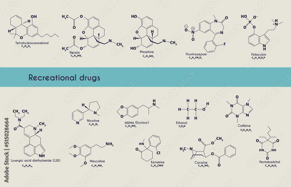 Obraz premium Recreational drugs molecule. MDMA (ecstasy), heroin, caffeine, morphine, tetrahydrocannabiol, flunitrozepam, psilocybin, LSD, mescaline, nicotine, ethanol, pentabarbital, cocaine, ketamine. Vector.