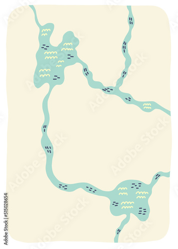 Landscape cartography of the river. Doodle hand drawn vector clipart illustration