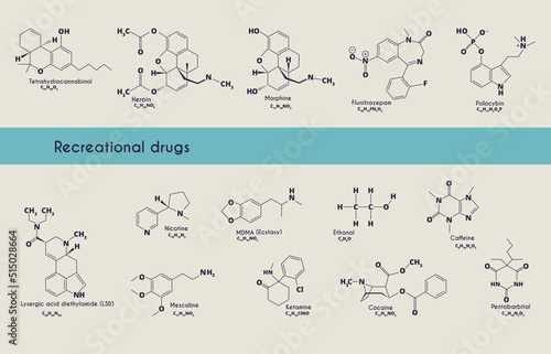 Recreational drugs molecule. MDMA (ecstasy), heroin, caffeine, morphine, tetrahydrocannabiol, flunitrozepam, psilocybin, LSD, mescaline, nicotine, ethanol, pentabarbital, cocaine, ketamine. Vector.