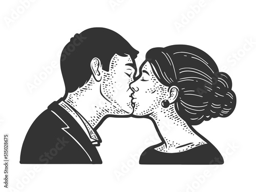 kissing couple in love sketch engraving vector illustration. T-shirt apparel print design. Scratch board imitation. Black and white hand drawn image.
