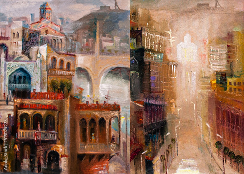 Canvas Print oil painting, urban view of Turkish city, 2 in 1