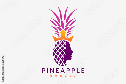 Pineapple logo design with a creative concept, pineapple icon combined with a woman's face