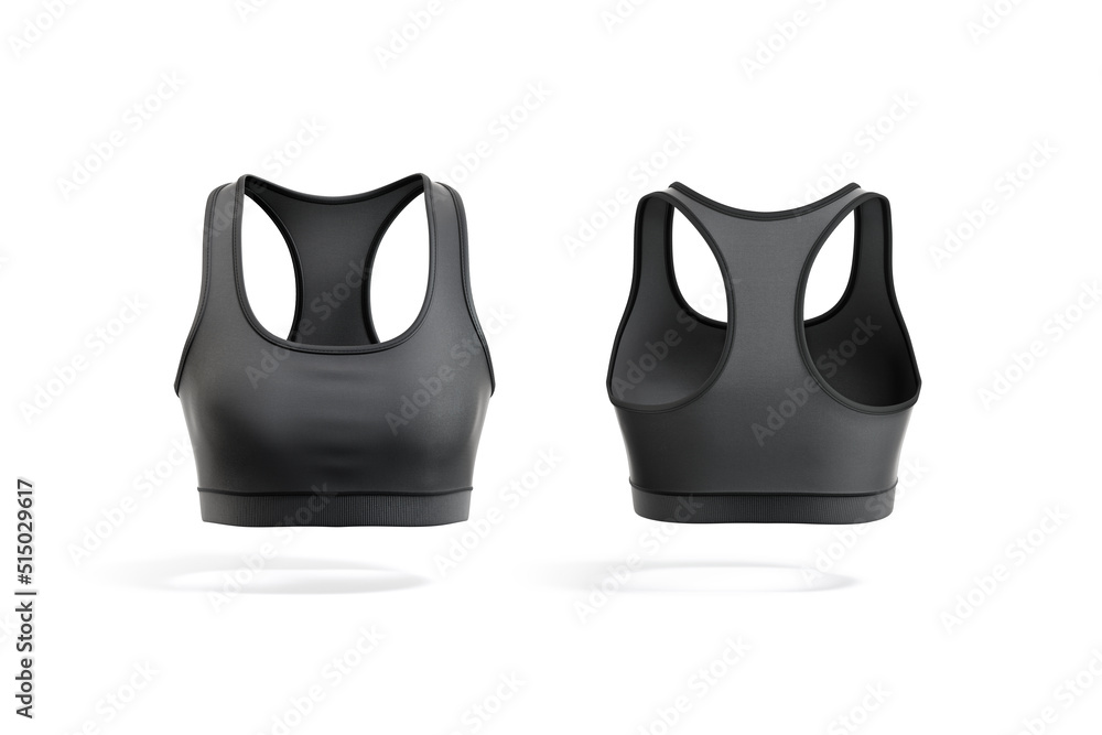 Blank black woman sport top mockup, front and back view