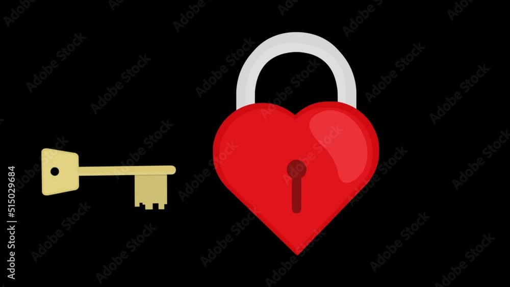 Animation of a key opening a padlock in the shape of a heart, on a ...