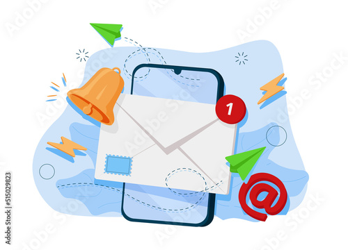 Notification of unread messages by e-mail. New message on smartphone screen. Previous illustration