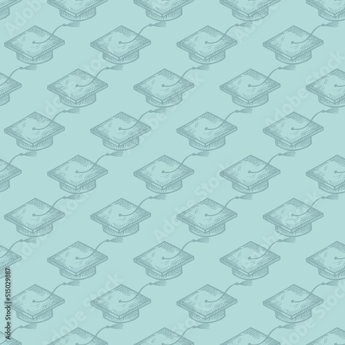 Graduate hats engraved seamless pattern. Vintage element education in hand drawn style.