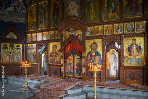 Interior of church in Holy Intercession Holosiivsky Monastery in Kyiv, Ukraine 