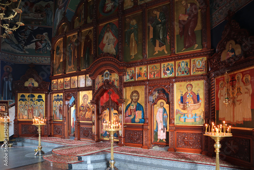 Interior of church in Holy Intercession Holosiivsky Monastery in Kyiv, Ukraine 