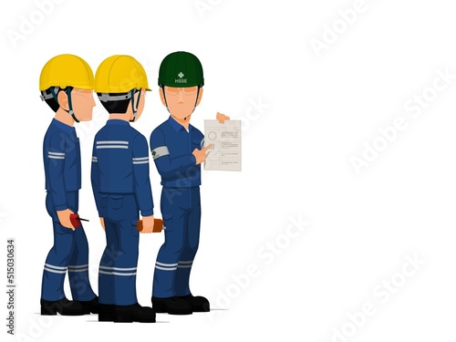 HSSE officer is instructing workers on white background